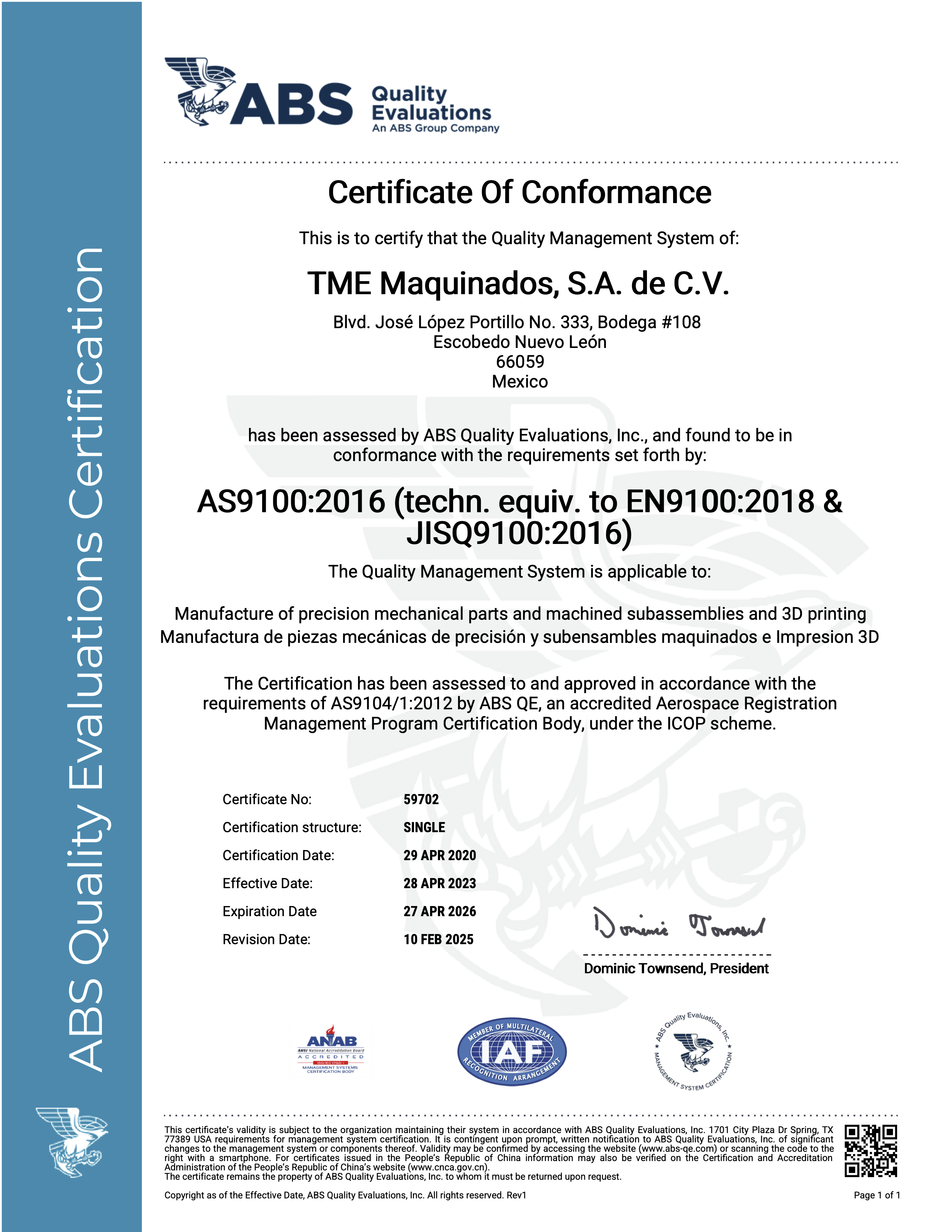 Certificate AS91002016_TME Maquinados